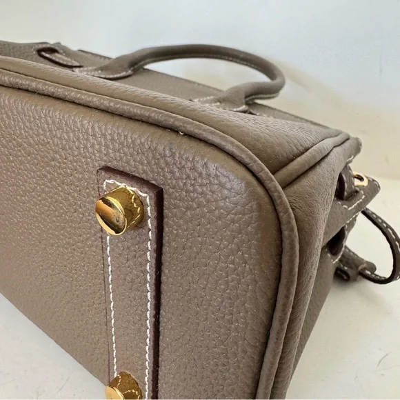 *NO STRAP | Taupe Mini 20 Leather Top Handle w/ Gold Structured Satchel Bag C3 - Picture 14 of 17